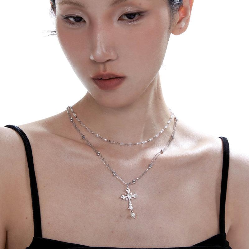 Broken City Series-Silver Cross Pendant Necklace Stacked Retro Clavicle Chain - Planktont